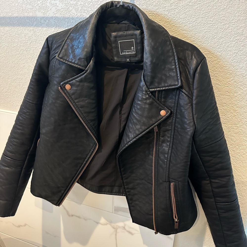 Black Leather Moto Jacket with Quilted Sleeves